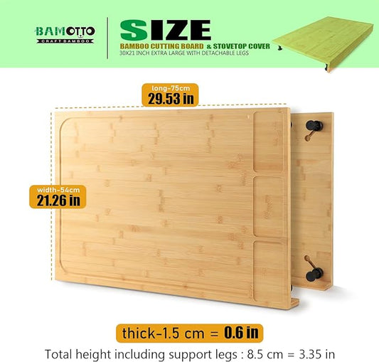 Bamotto - 30 x 21 in Extra Large Bamboo Cutting Board and Stovetop Cover, Stove Top Cover Chopping Board with Detachable Legs and Juice Groove, Protector Board for Restaurant Kitchen Counter & Sink